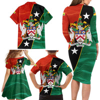 Nevis in Saint Kitts and Nevis Family Matching Long Sleeve Bodycon Dress and Hawaiian Shirt Star Design and Coat of Arms - Wonder Print Shop