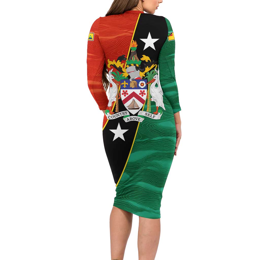 Nevis in Saint Kitts and Nevis Family Matching Long Sleeve Bodycon Dress and Hawaiian Shirt Star Design and Coat of Arms - Wonder Print Shop