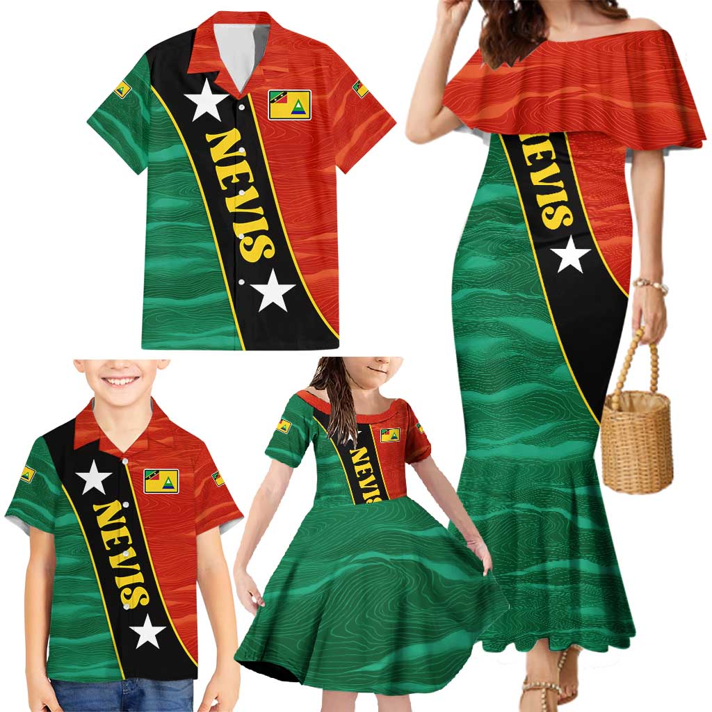Nevis in Saint Kitts and Nevis Family Matching Mermaid Dress and Hawaiian Shirt Star Design and Coat of Arms - Wonder Print Shop