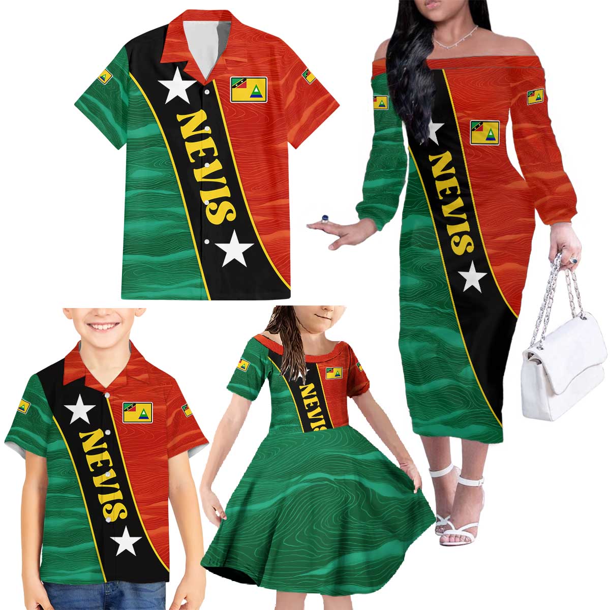 Nevis in Saint Kitts and Nevis Family Matching Off The Shoulder Long Sleeve Dress and Hawaiian Shirt Star Design and Coat of Arms - Wonder Print Shop