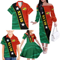 Nevis in Saint Kitts and Nevis Family Matching Off The Shoulder Long Sleeve Dress and Hawaiian Shirt Star Design and Coat of Arms - Wonder Print Shop