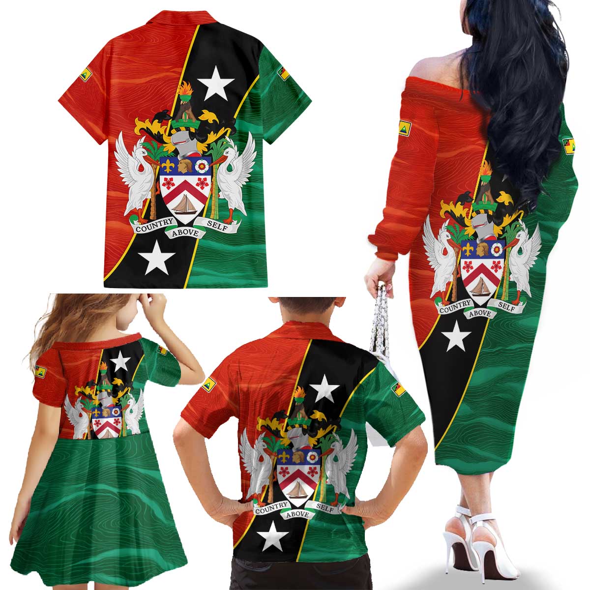 Nevis in Saint Kitts and Nevis Family Matching Off The Shoulder Long Sleeve Dress and Hawaiian Shirt Star Design and Coat of Arms - Wonder Print Shop