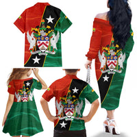 Nevis in Saint Kitts and Nevis Family Matching Off The Shoulder Long Sleeve Dress and Hawaiian Shirt Star Design and Coat of Arms - Wonder Print Shop