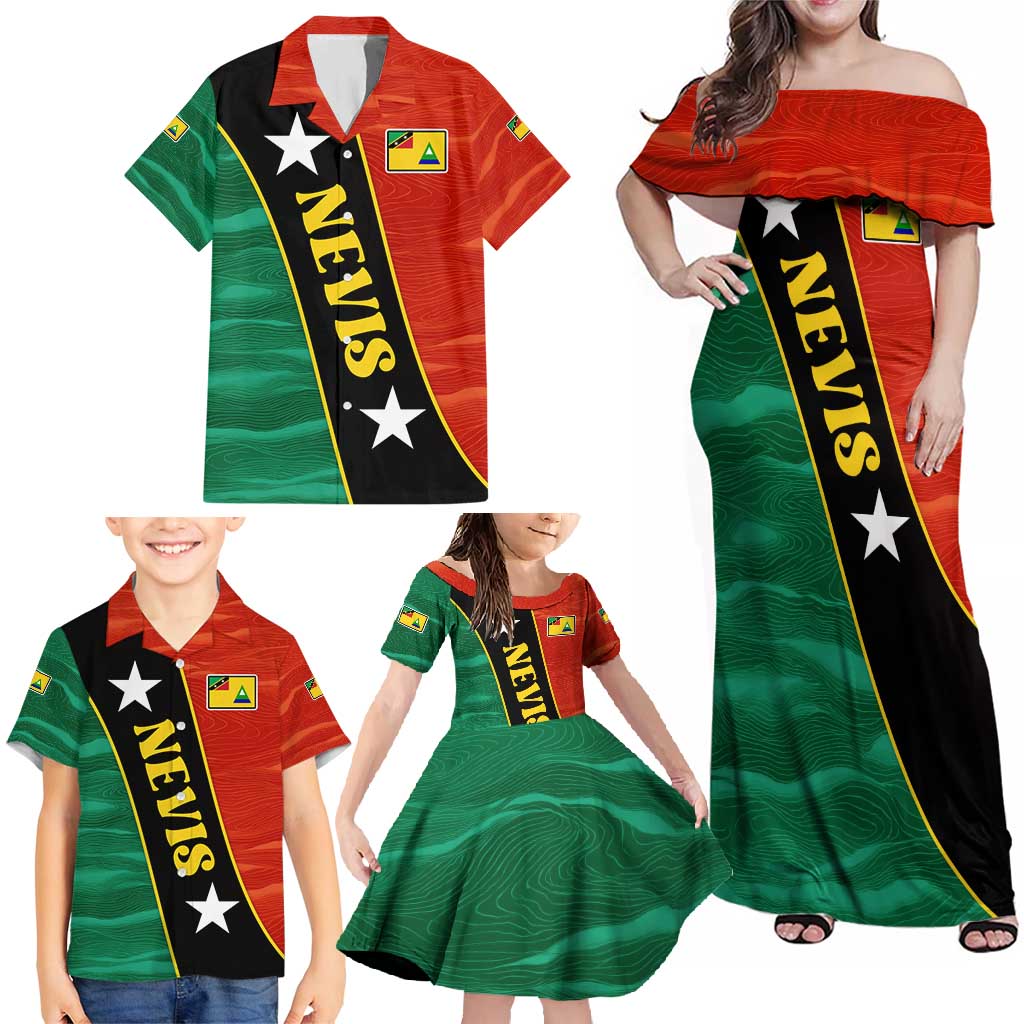 Nevis in Saint Kitts and Nevis Family Matching Off Shoulder Maxi Dress and Hawaiian Shirt Star Design and Coat of Arms - Wonder Print Shop