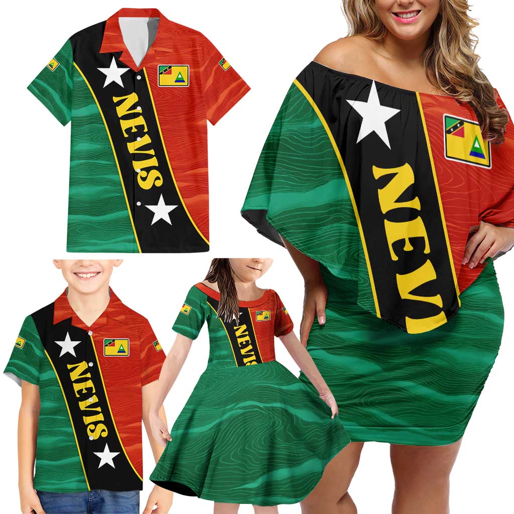 Nevis in Saint Kitts and Nevis Family Matching Off Shoulder Short Dress and Hawaiian Shirt Star Design and Coat of Arms - Wonder Print Shop