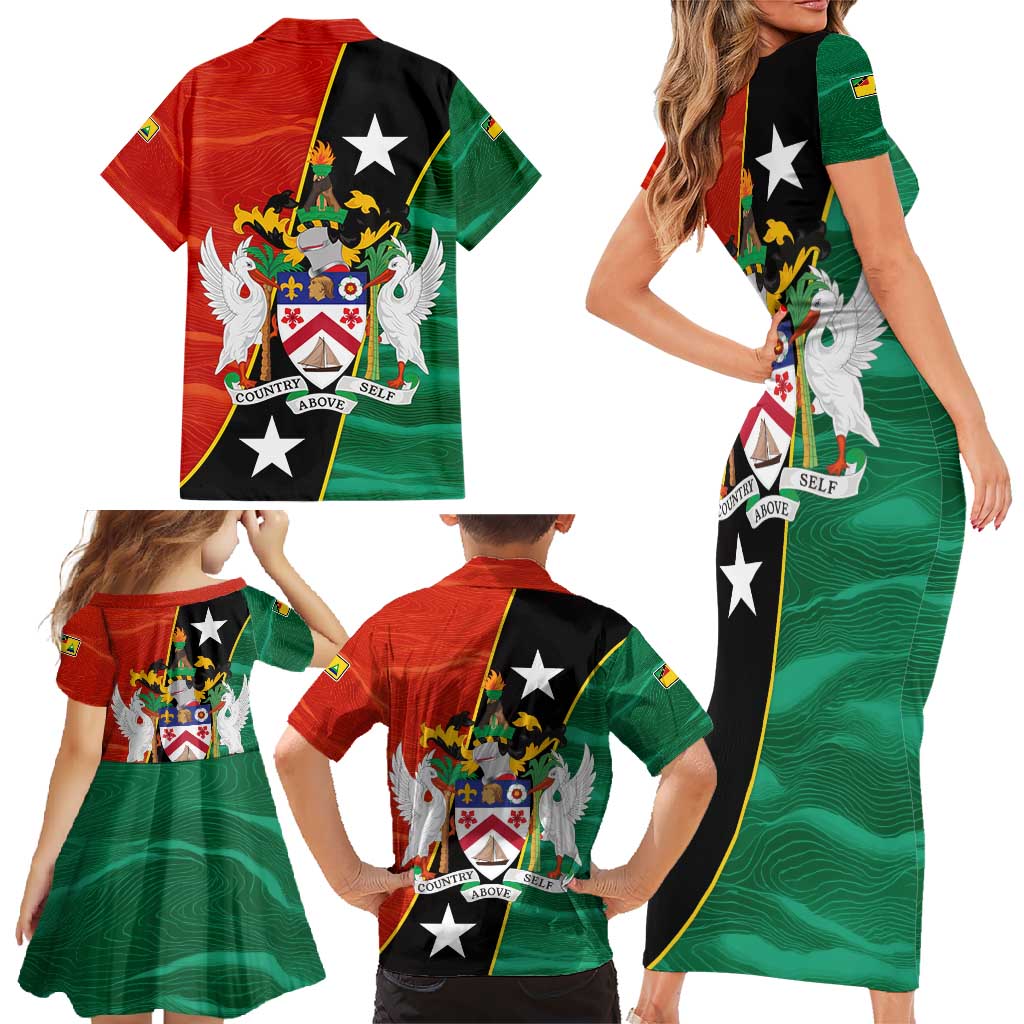 Nevis in Saint Kitts and Nevis Family Matching Short Sleeve Bodycon Dress and Hawaiian Shirt Star Design and Coat of Arms - Wonder Print Shop