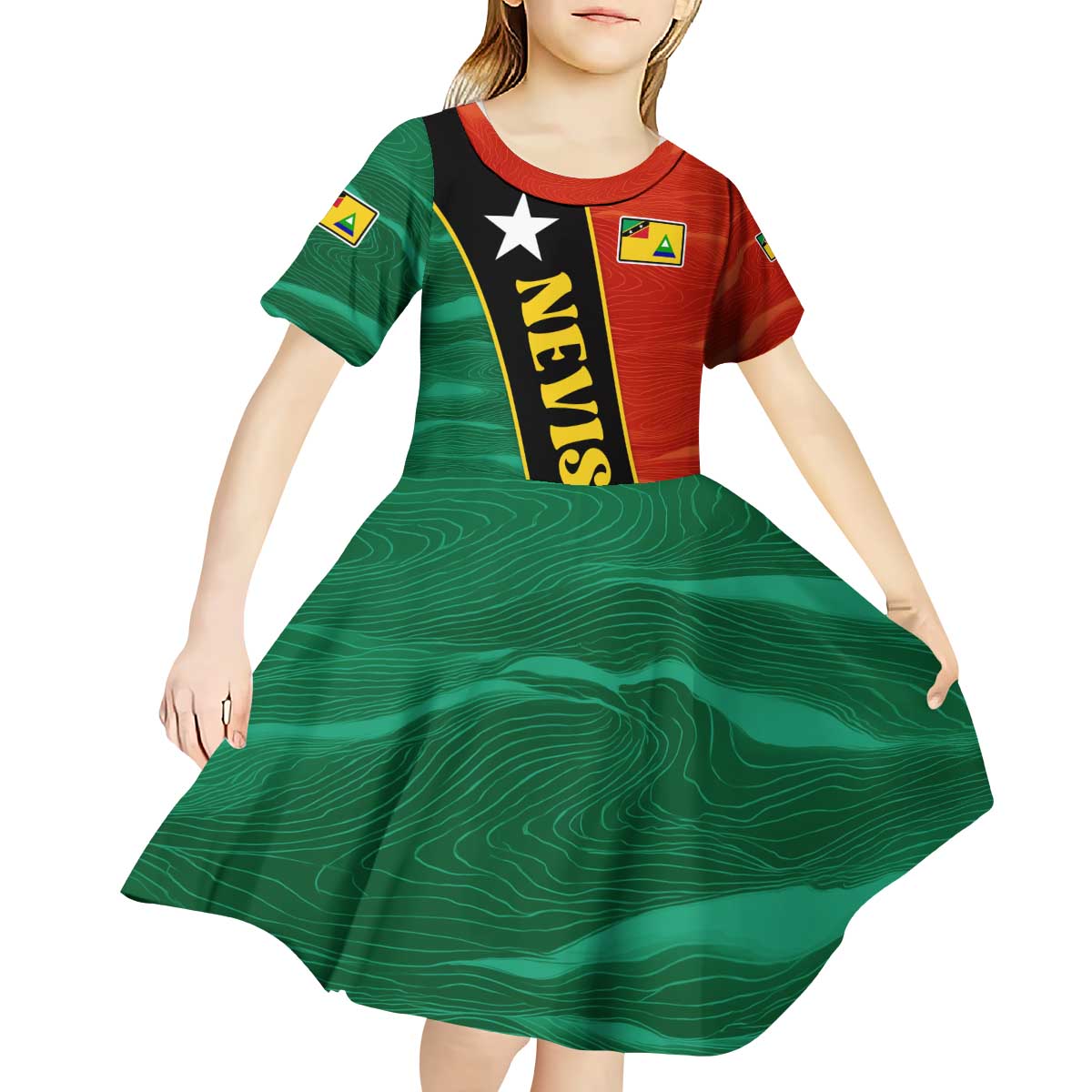 Nevis in Saint Kitts and Nevis Kid Short Sleeve Dress Star Design and Coat of Arms - Wonder Print Shop