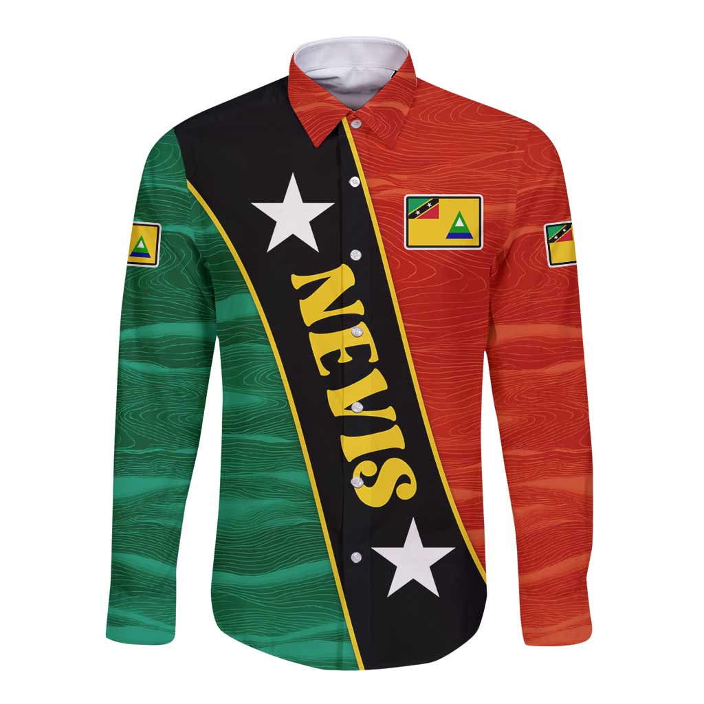 Nevis in Saint Kitts and Nevis Long Sleeve Button Shirt Star Design and Coat of Arms - Wonder Print Shop