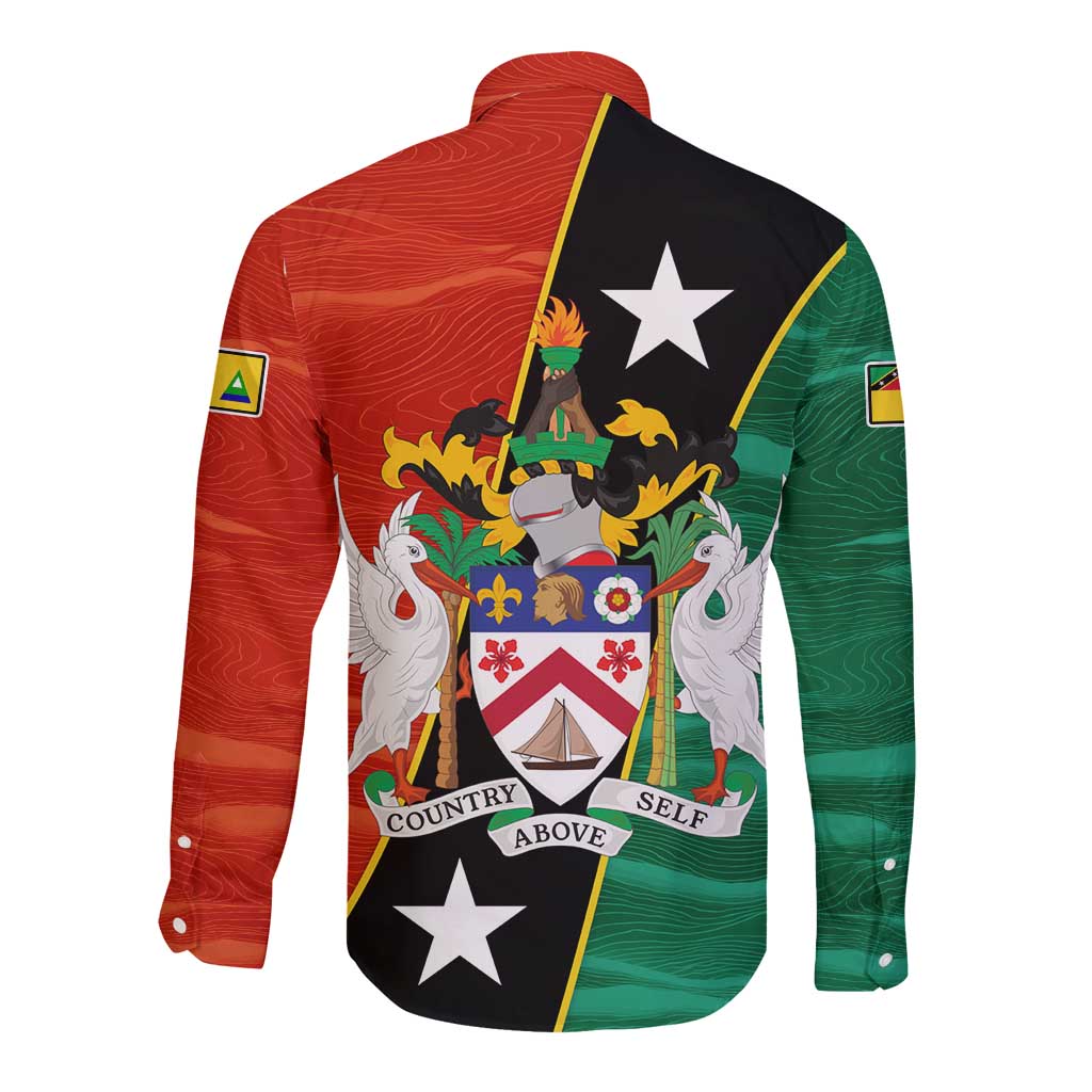 Nevis in Saint Kitts and Nevis Long Sleeve Button Shirt Star Design and Coat of Arms - Wonder Print Shop