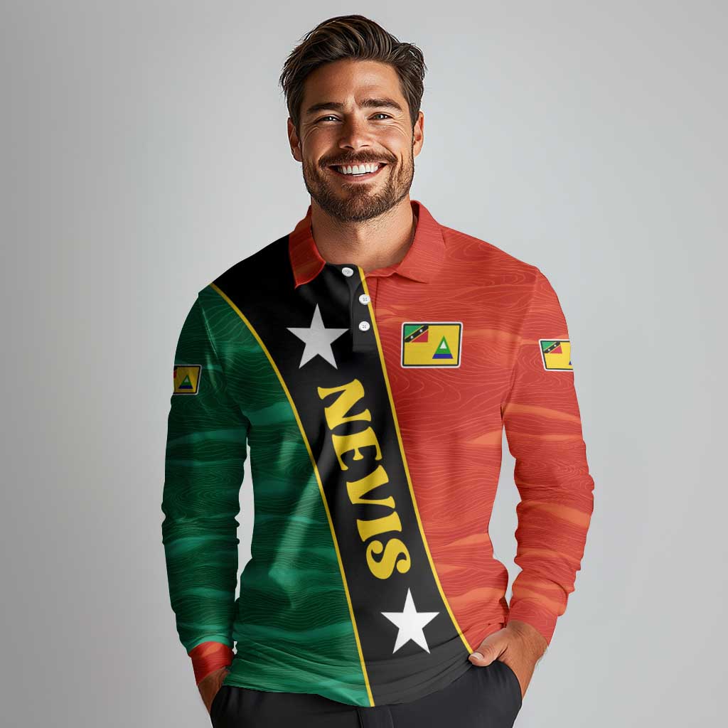 Nevis in Saint Kitts and Nevis Long Sleeve Polo Shirt Star Design and Coat of Arms - Wonder Print Shop