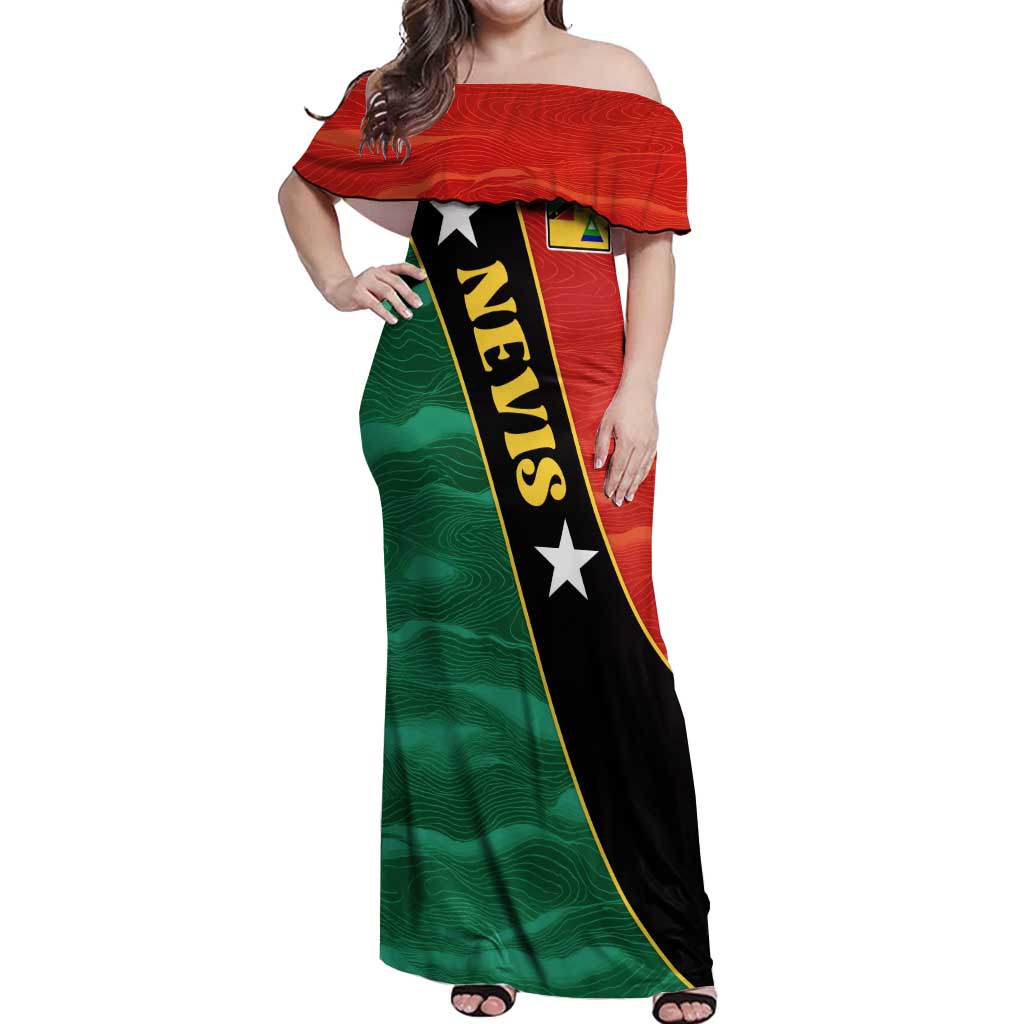 Nevis in Saint Kitts and Nevis Off Shoulder Maxi Dress Star Design and Coat of Arms - Wonder Print Shop