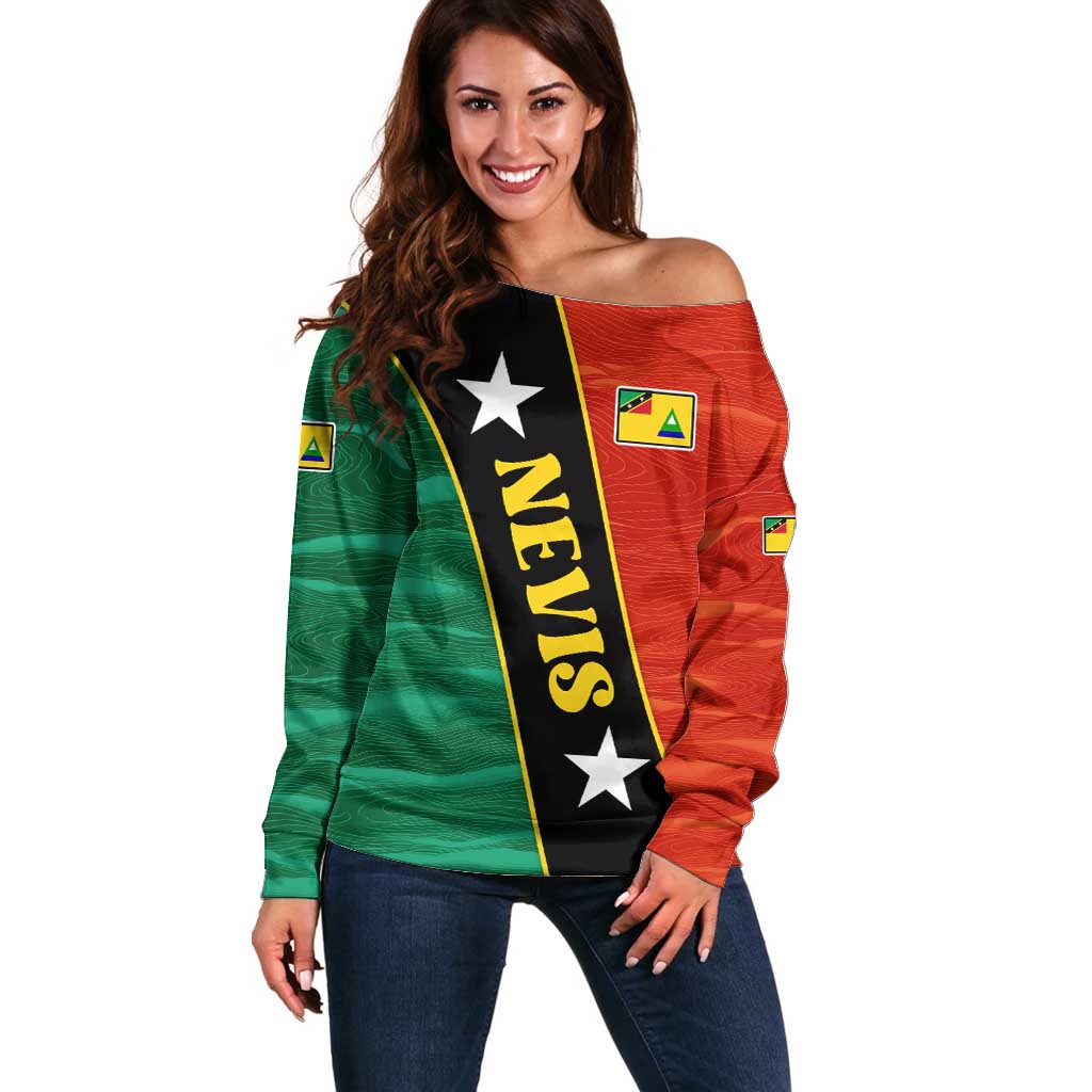 Nevis in Saint Kitts and Nevis Off Shoulder Sweater Star Design and Coat of Arms - Wonder Print Shop