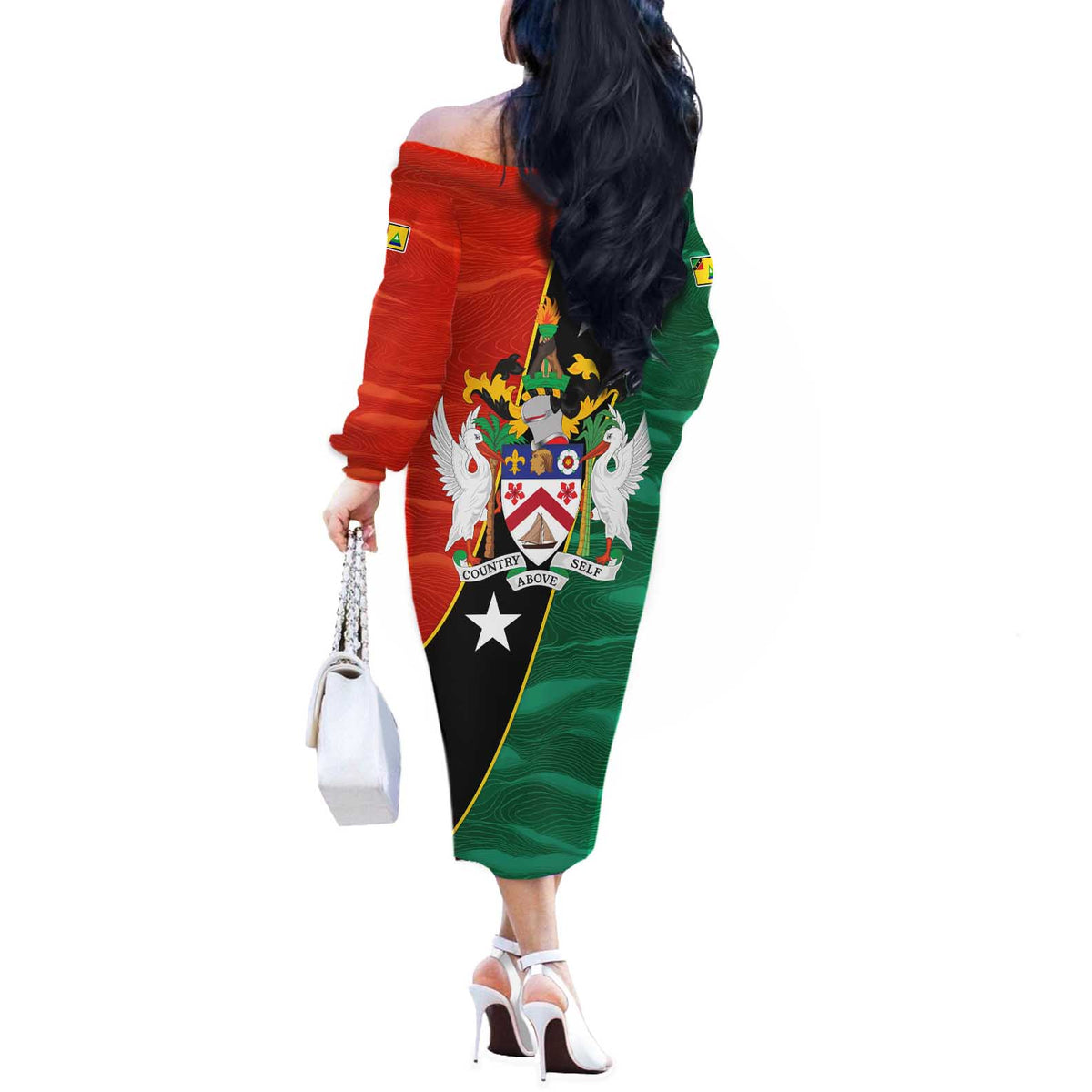 Nevis in Saint Kitts and Nevis Off The Shoulder Long Sleeve Dress Star Design and Coat of Arms - Wonder Print Shop