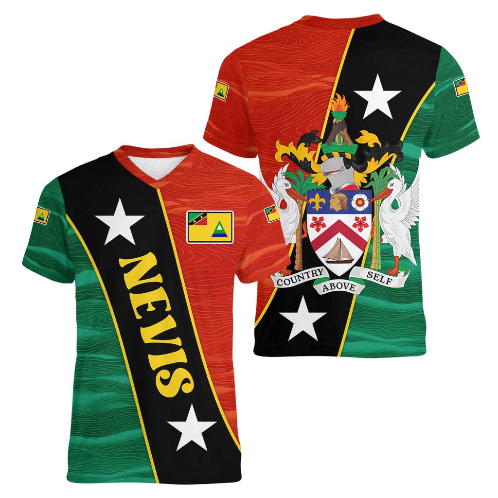 Nevis in Saint Kitts and Nevis Women V-Neck T-Shirt Star Design and Coat of Arms - Wonder Print Shop