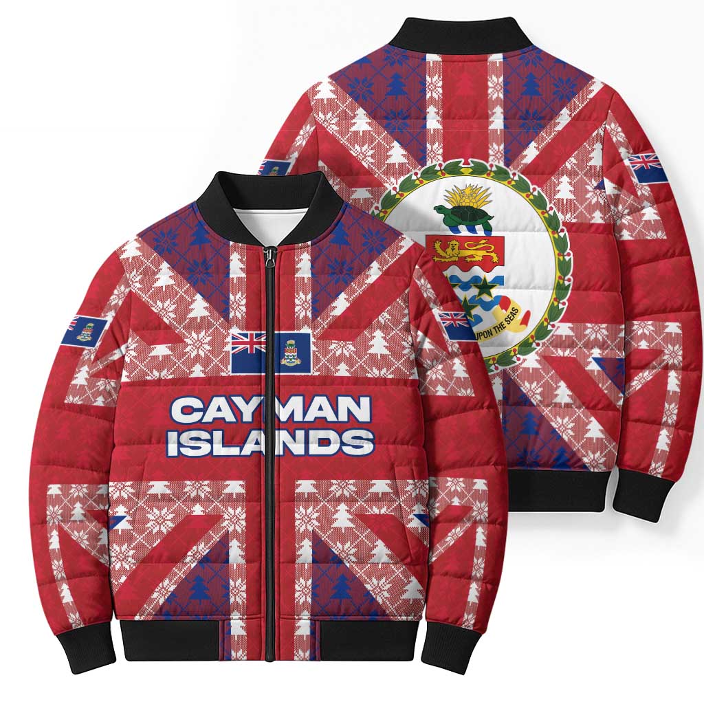 Cayman Islands Christmas Bomber Puffer Jacket Xmas Pattern and Coat of Arms - Wonder Print Shop