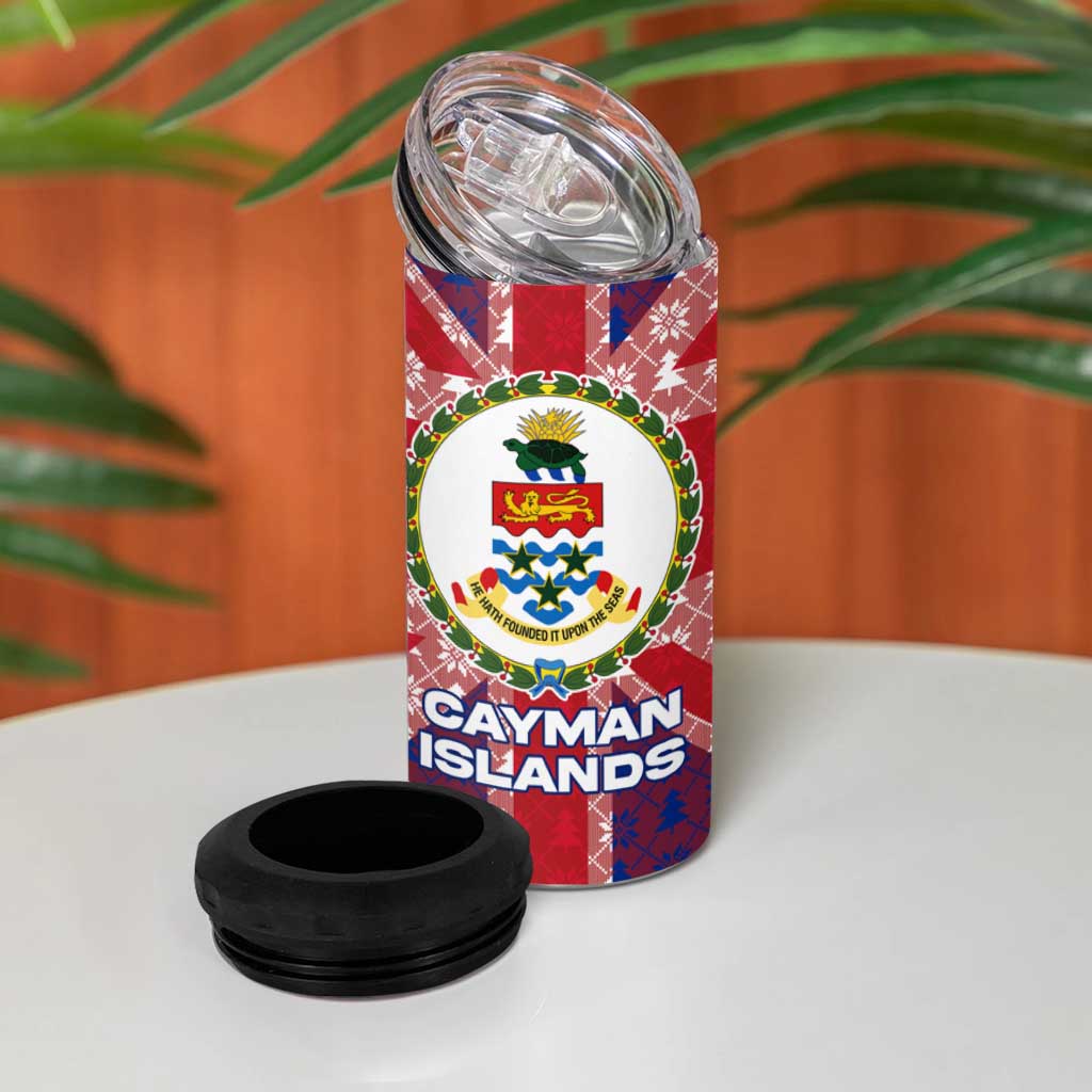 Cayman Islands Christmas 4 in 1 Can Cooler Tumbler Xmas Pattern and Coat of Arms - Wonder Print Shop