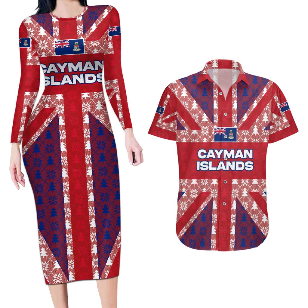 Cayman Islands Christmas Couples Matching Long Sleeve Bodycon Dress and Hawaiian Shirt Xmas Pattern and Coat of Arms - Wonder Print Shop