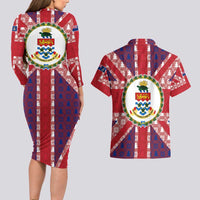Cayman Islands Christmas Couples Matching Long Sleeve Bodycon Dress and Hawaiian Shirt Xmas Pattern and Coat of Arms - Wonder Print Shop