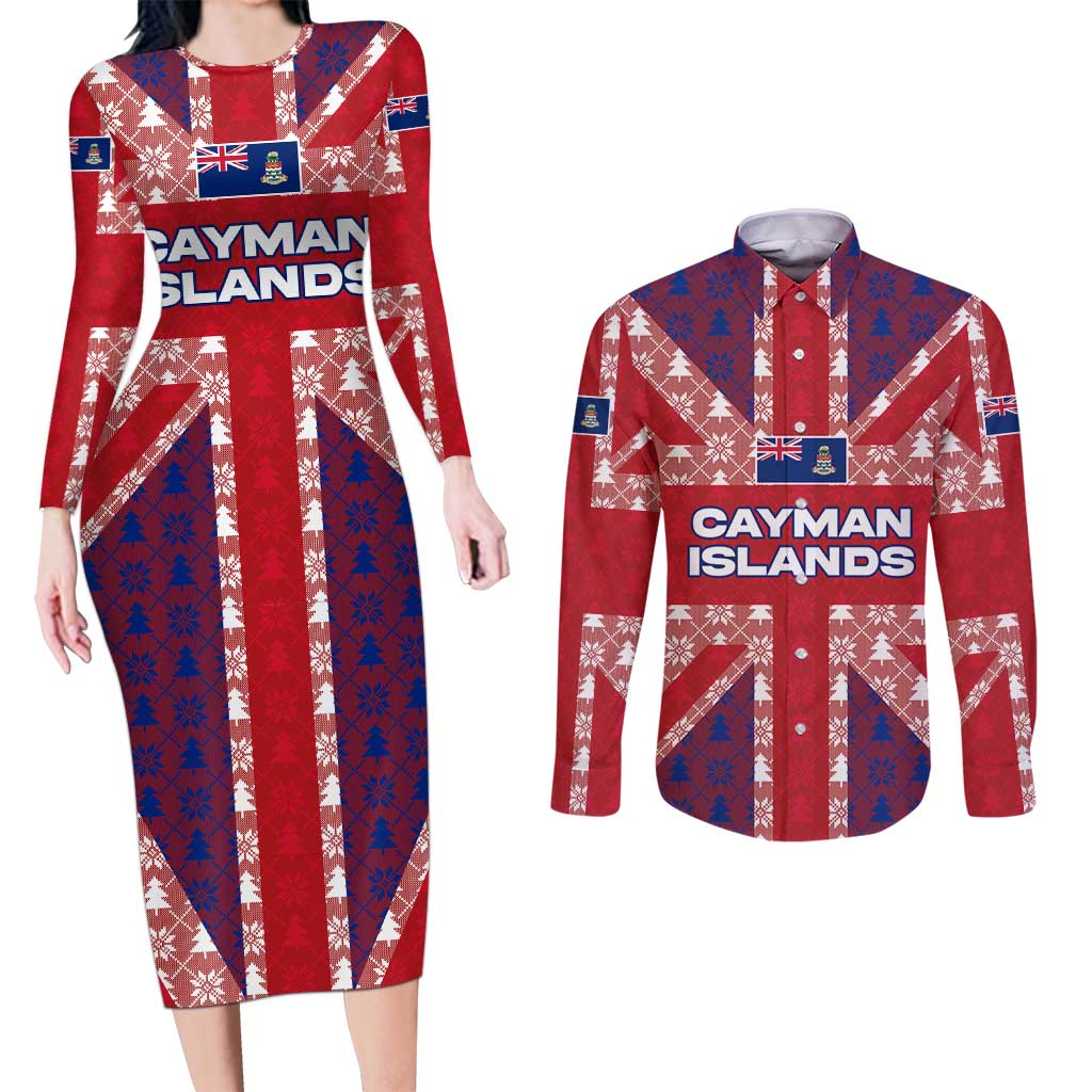 Cayman Islands Christmas Couples Matching Long Sleeve Bodycon Dress and Long Sleeve Button Shirt Xmas Pattern and Coat of Arms - Wonder Print Shop