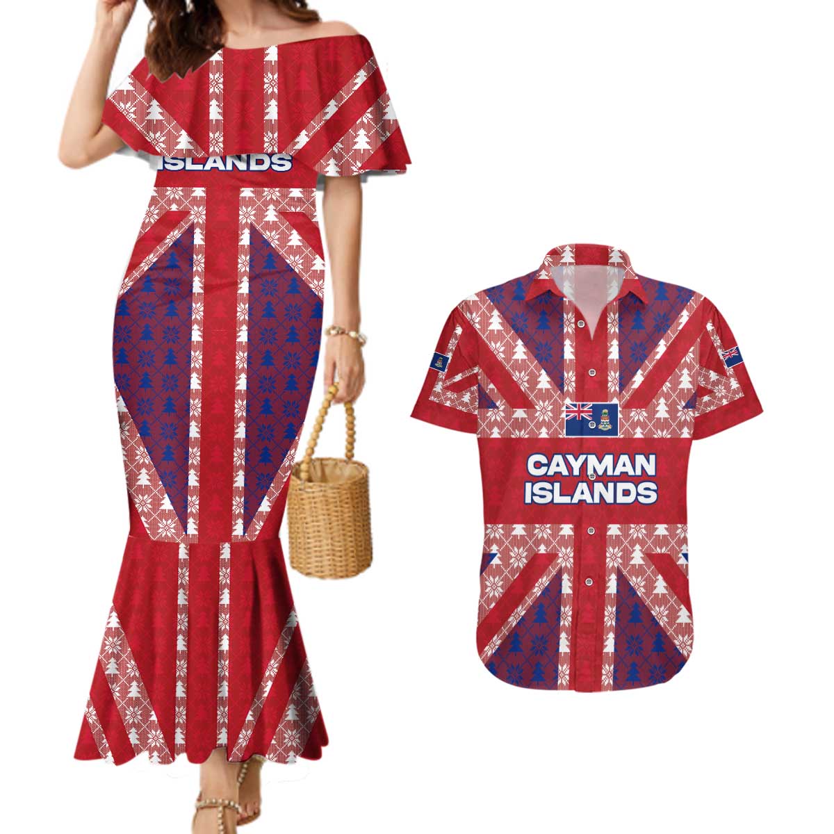 Cayman Islands Christmas Couples Matching Mermaid Dress and Hawaiian Shirt Xmas Pattern and Coat of Arms - Wonder Print Shop