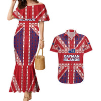 Cayman Islands Christmas Couples Matching Mermaid Dress and Hawaiian Shirt Xmas Pattern and Coat of Arms - Wonder Print Shop