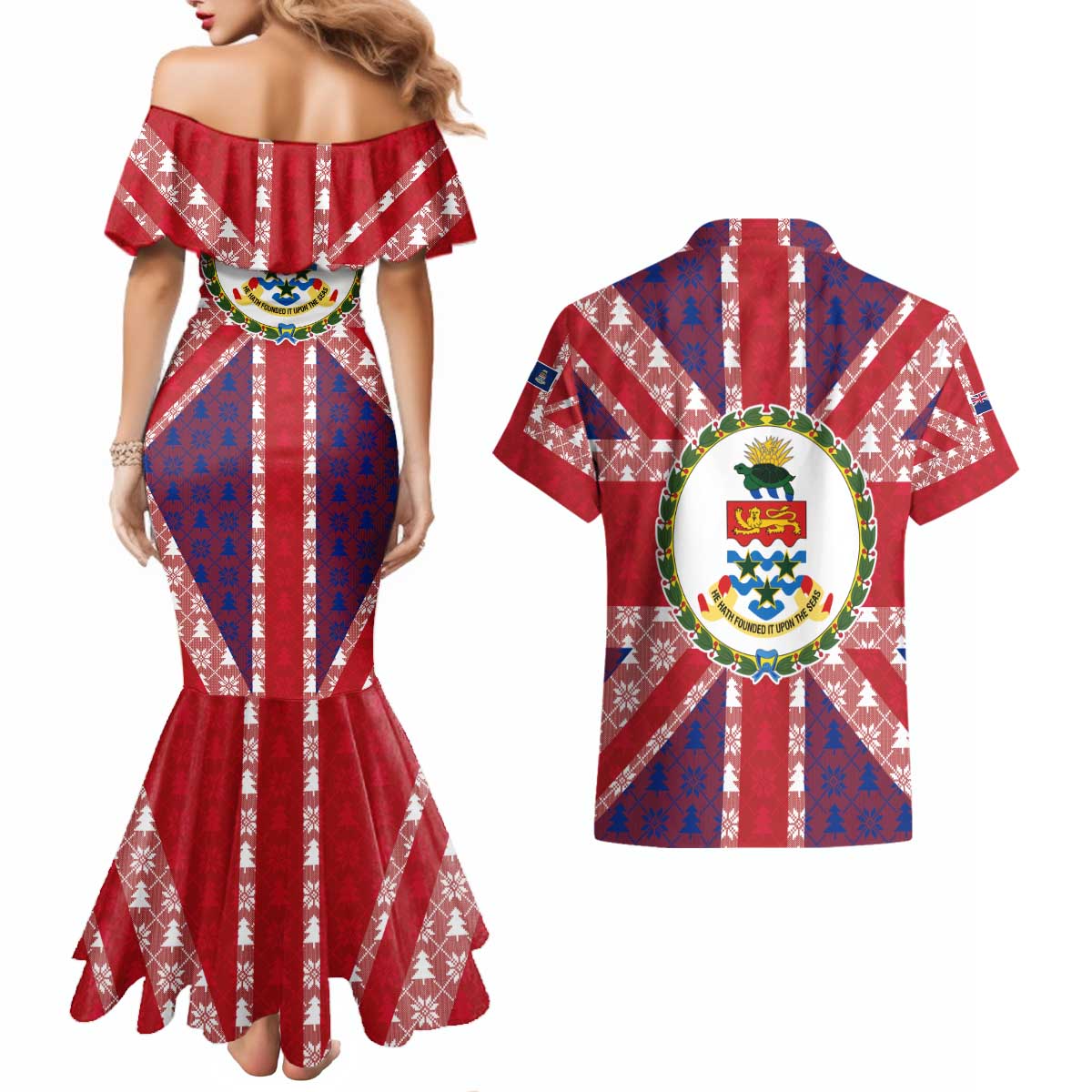 Cayman Islands Christmas Couples Matching Mermaid Dress and Hawaiian Shirt Xmas Pattern and Coat of Arms - Wonder Print Shop