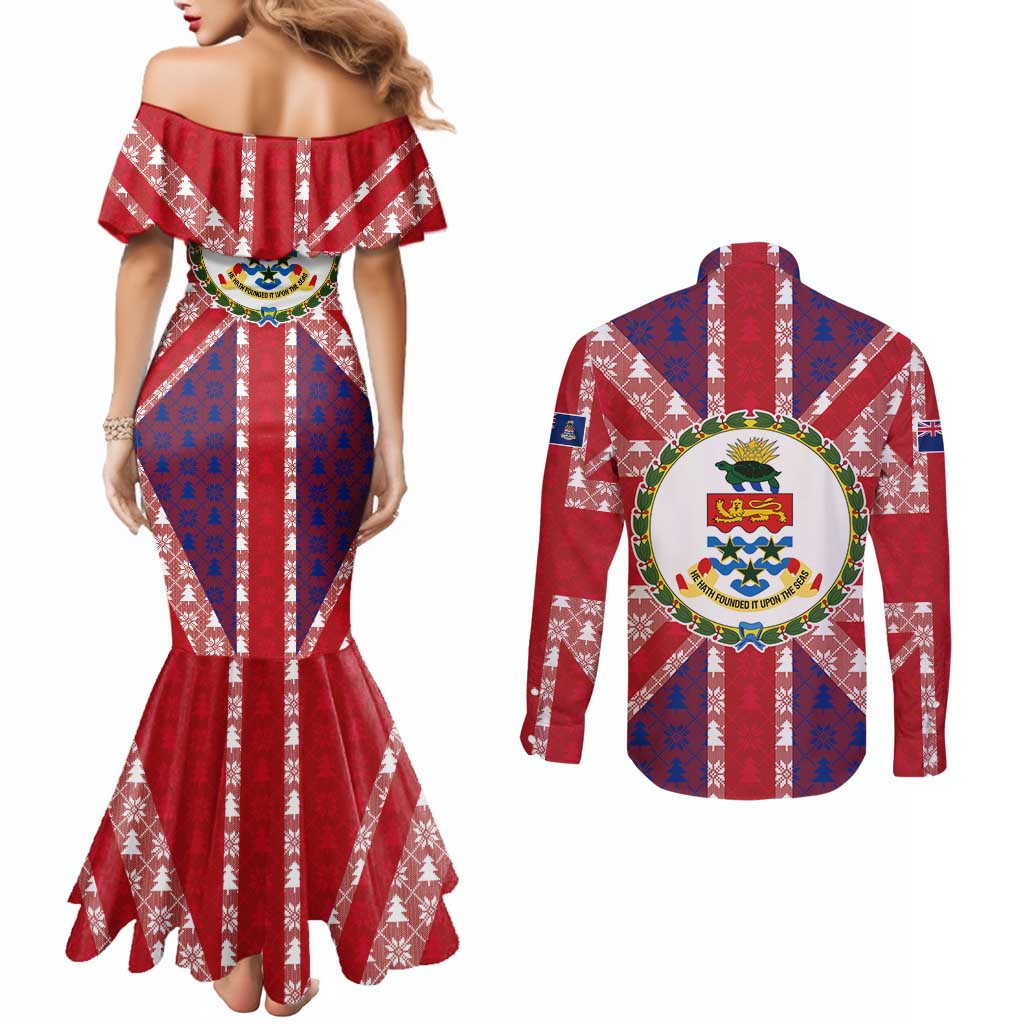 Cayman Islands Christmas Couples Matching Mermaid Dress and Long Sleeve Button Shirt Xmas Pattern and Coat of Arms - Wonder Print Shop