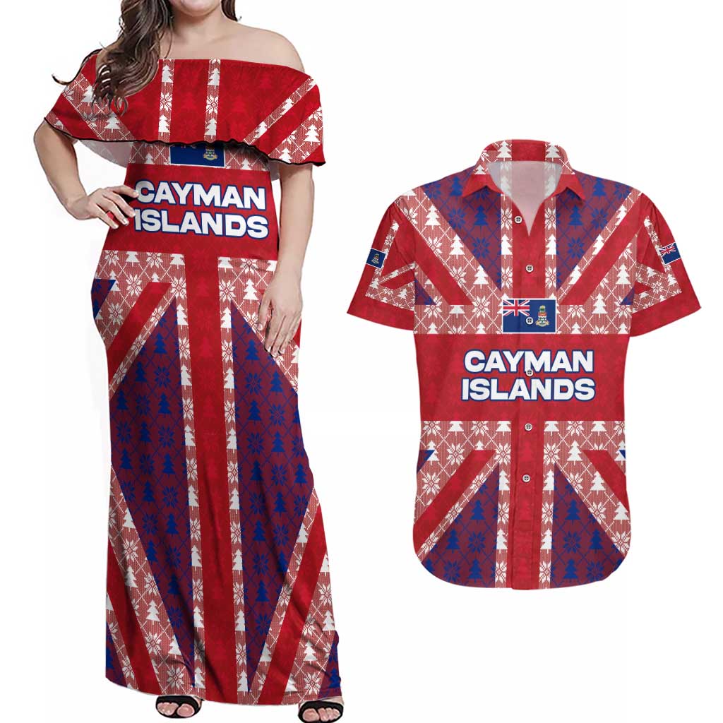 Cayman Islands Christmas Couples Matching Off Shoulder Maxi Dress and Hawaiian Shirt Xmas Pattern and Coat of Arms - Wonder Print Shop
