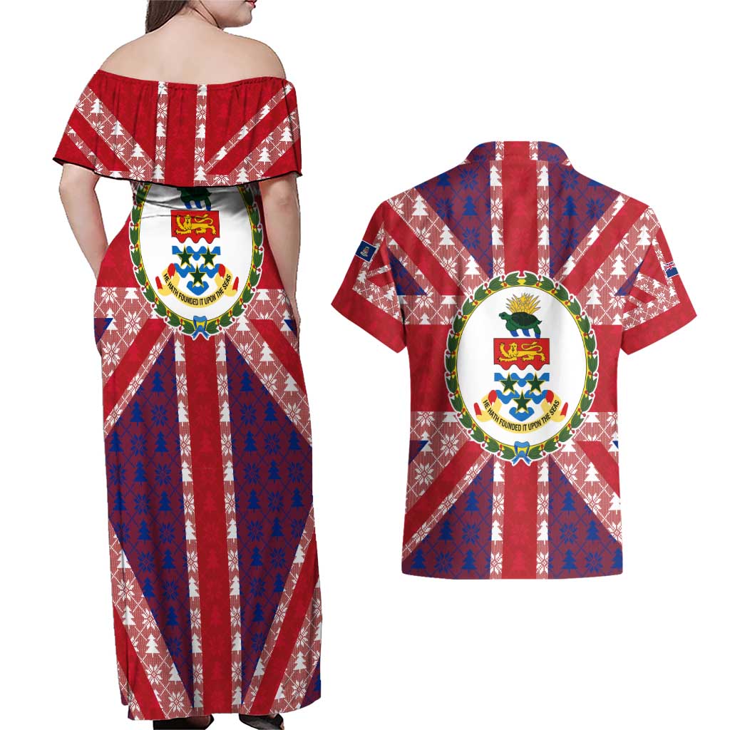 Cayman Islands Christmas Couples Matching Off Shoulder Maxi Dress and Hawaiian Shirt Xmas Pattern and Coat of Arms - Wonder Print Shop