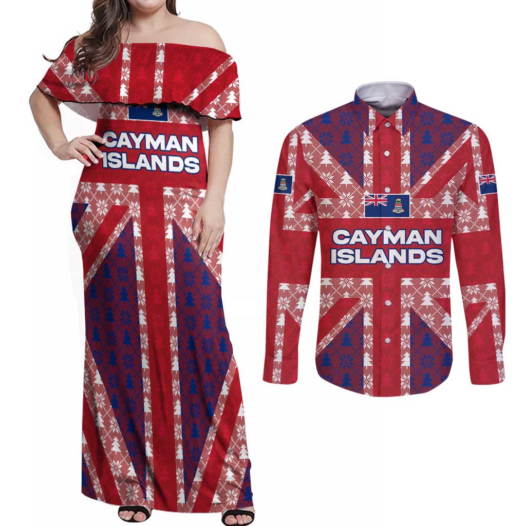 Cayman Islands Christmas Couples Matching Off Shoulder Maxi Dress and Long Sleeve Button Shirt Xmas Pattern and Coat of Arms - Wonder Print Shop