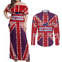 Cayman Islands Christmas Couples Matching Off Shoulder Maxi Dress and Long Sleeve Button Shirt Xmas Pattern and Coat of Arms - Wonder Print Shop