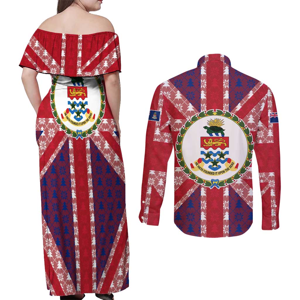 Cayman Islands Christmas Couples Matching Off Shoulder Maxi Dress and Long Sleeve Button Shirt Xmas Pattern and Coat of Arms - Wonder Print Shop