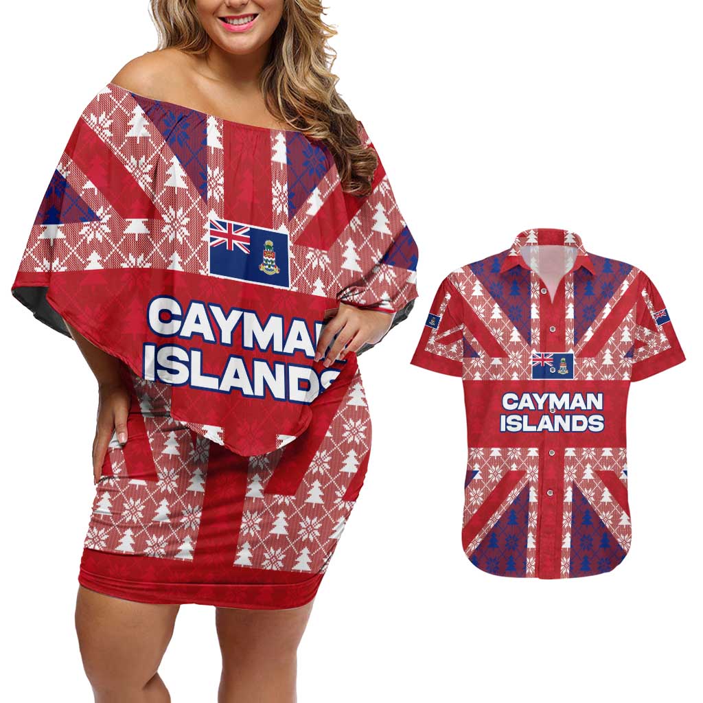 Cayman Islands Christmas Couples Matching Off Shoulder Short Dress and Hawaiian Shirt Xmas Pattern and Coat of Arms - Wonder Print Shop