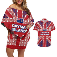 Cayman Islands Christmas Couples Matching Off Shoulder Short Dress and Hawaiian Shirt Xmas Pattern and Coat of Arms - Wonder Print Shop