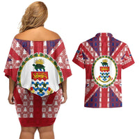 Cayman Islands Christmas Couples Matching Off Shoulder Short Dress and Hawaiian Shirt Xmas Pattern and Coat of Arms - Wonder Print Shop