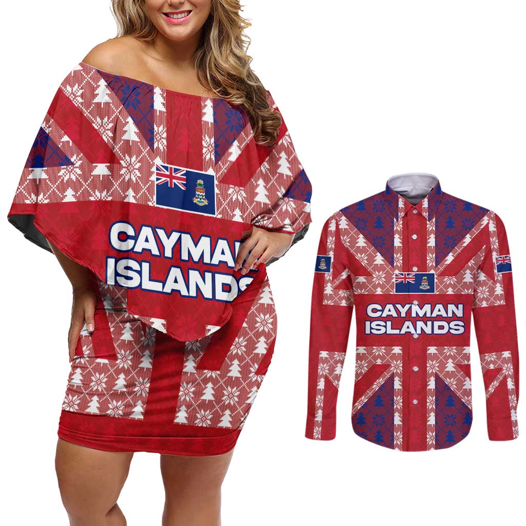 Cayman Islands Christmas Couples Matching Off Shoulder Short Dress and Long Sleeve Button Shirt Xmas Pattern and Coat of Arms - Wonder Print Shop