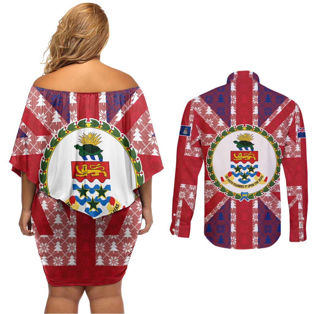 Cayman Islands Christmas Couples Matching Off Shoulder Short Dress and Long Sleeve Button Shirt Xmas Pattern and Coat of Arms - Wonder Print Shop