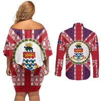 Cayman Islands Christmas Couples Matching Off Shoulder Short Dress and Long Sleeve Button Shirt Xmas Pattern and Coat of Arms - Wonder Print Shop