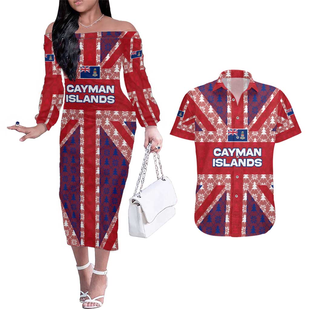 Cayman Islands Christmas Couples Matching Off The Shoulder Long Sleeve Dress and Hawaiian Shirt Xmas Pattern and Coat of Arms - Wonder Print Shop