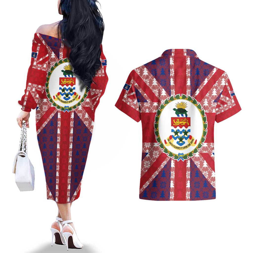 Cayman Islands Christmas Couples Matching Off The Shoulder Long Sleeve Dress and Hawaiian Shirt Xmas Pattern and Coat of Arms - Wonder Print Shop