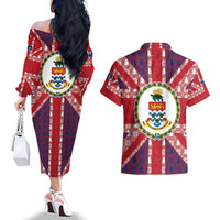 Cayman Islands Christmas Couples Matching Off The Shoulder Long Sleeve Dress and Hawaiian Shirt Xmas Pattern and Coat of Arms - Wonder Print Shop