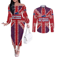 Cayman Islands Christmas Couples Matching Off The Shoulder Long Sleeve Dress and Long Sleeve Button Shirt Xmas Pattern and Coat of Arms - Wonder Print Shop
