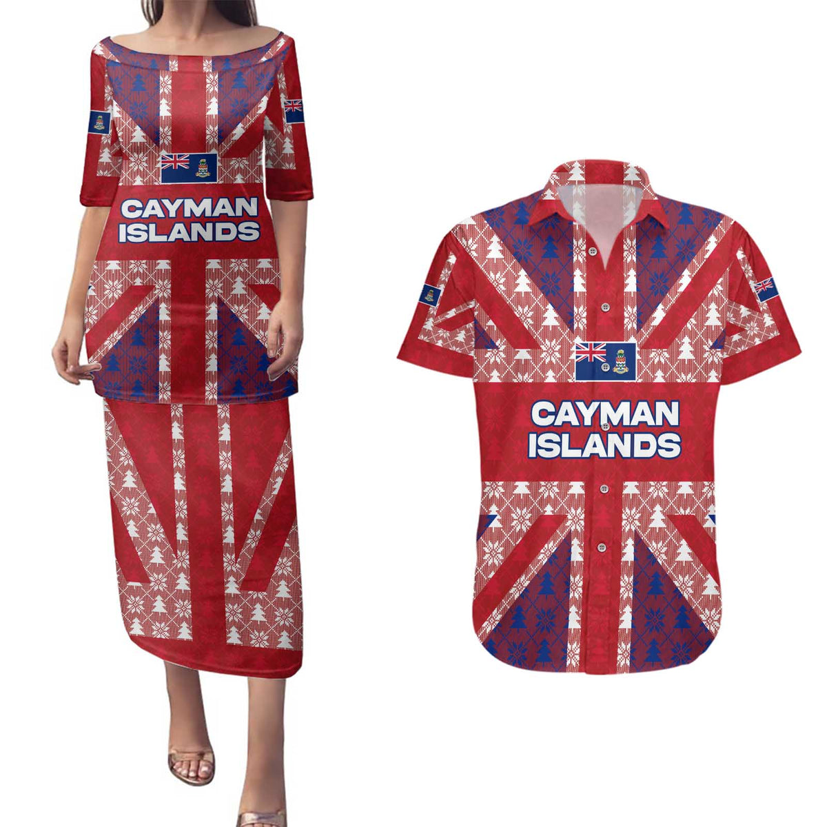 Cayman Islands Christmas Couples Matching Puletasi and Hawaiian Shirt Xmas Pattern and Coat of Arms - Wonder Print Shop