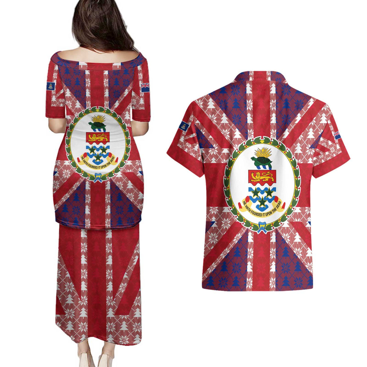 Cayman Islands Christmas Couples Matching Puletasi and Hawaiian Shirt Xmas Pattern and Coat of Arms - Wonder Print Shop