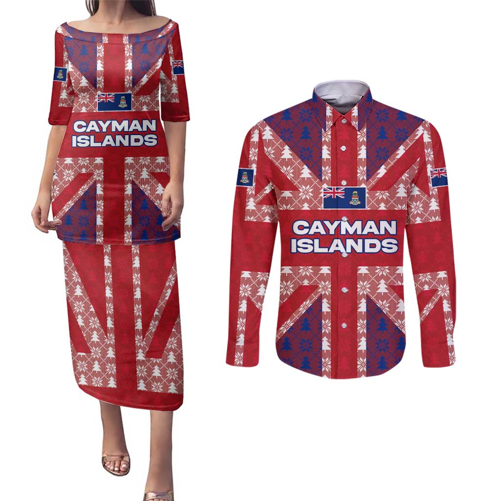 Cayman Islands Christmas Couples Matching Puletasi and Long Sleeve Button Shirt Xmas Pattern and Coat of Arms - Wonder Print Shop