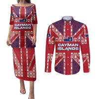 Cayman Islands Christmas Couples Matching Puletasi and Long Sleeve Button Shirt Xmas Pattern and Coat of Arms - Wonder Print Shop