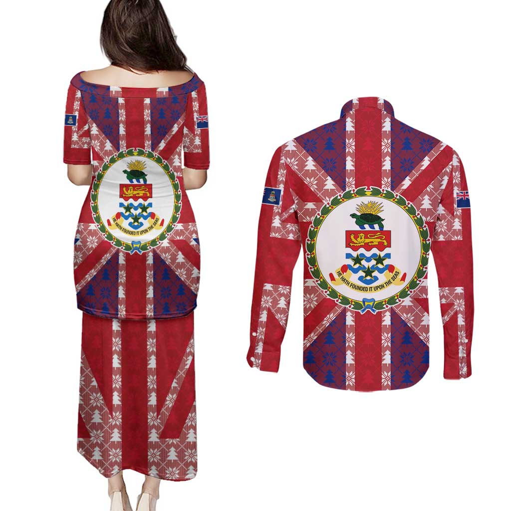 Cayman Islands Christmas Couples Matching Puletasi and Long Sleeve Button Shirt Xmas Pattern and Coat of Arms - Wonder Print Shop