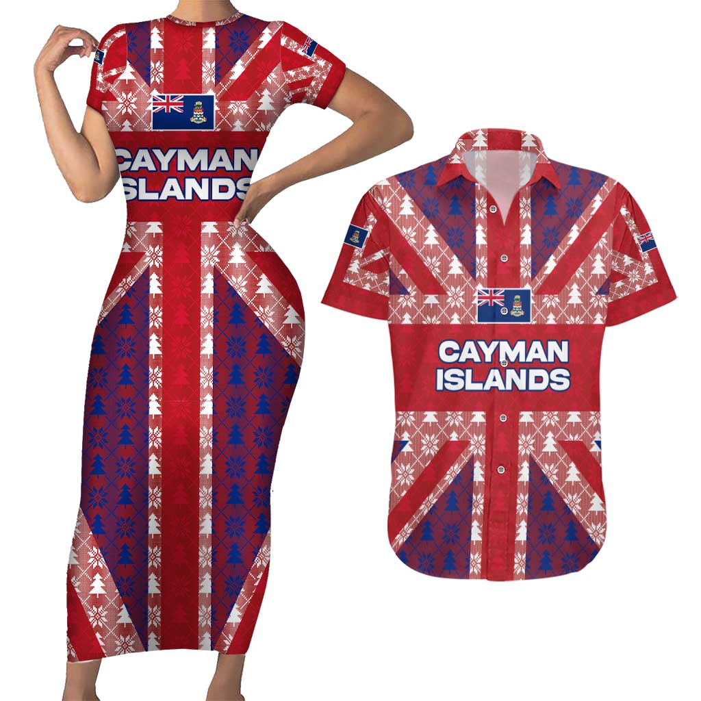 Cayman Islands Christmas Couples Matching Short Sleeve Bodycon Dress and Hawaiian Shirt Xmas Pattern and Coat of Arms - Wonder Print Shop