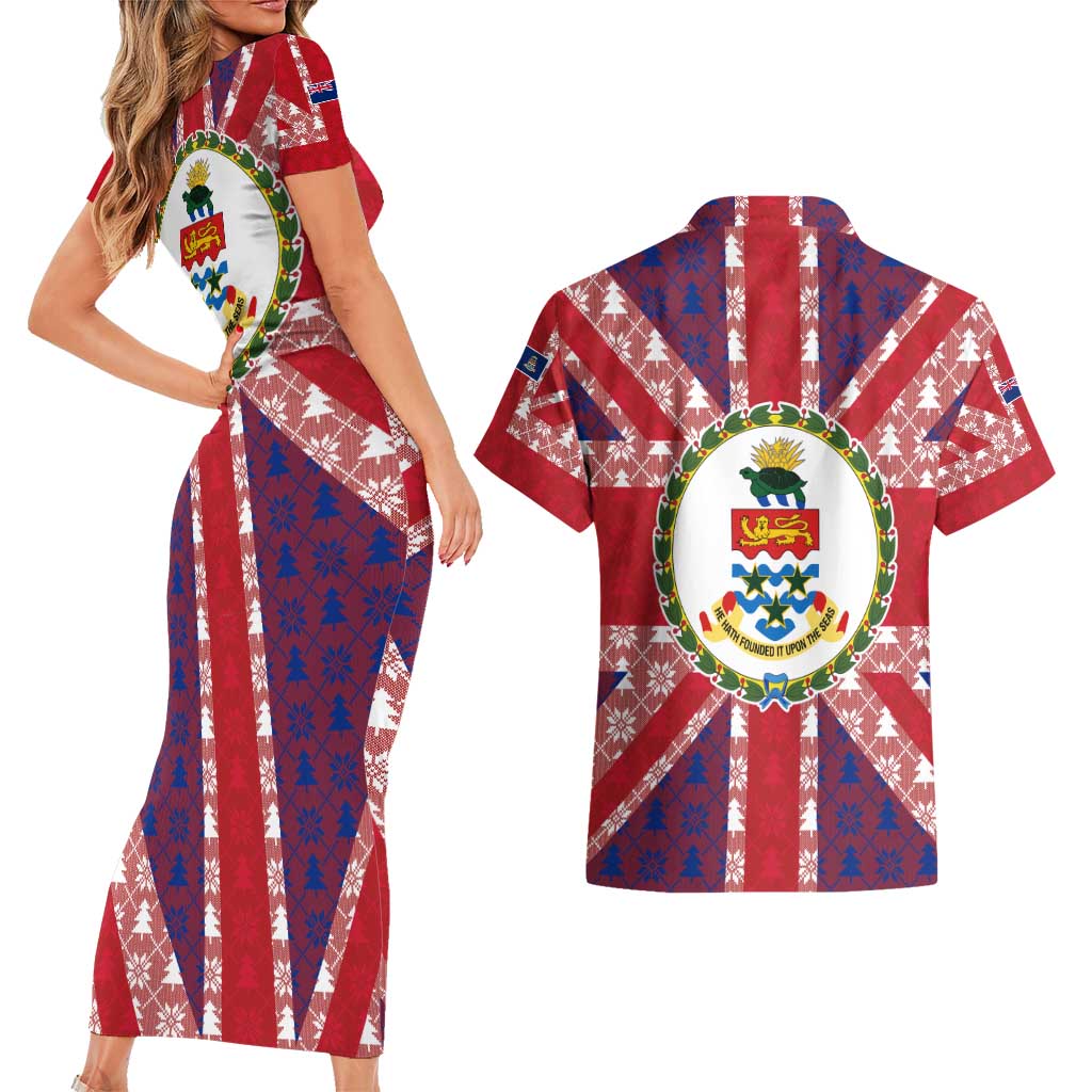 Cayman Islands Christmas Couples Matching Short Sleeve Bodycon Dress and Hawaiian Shirt Xmas Pattern and Coat of Arms - Wonder Print Shop