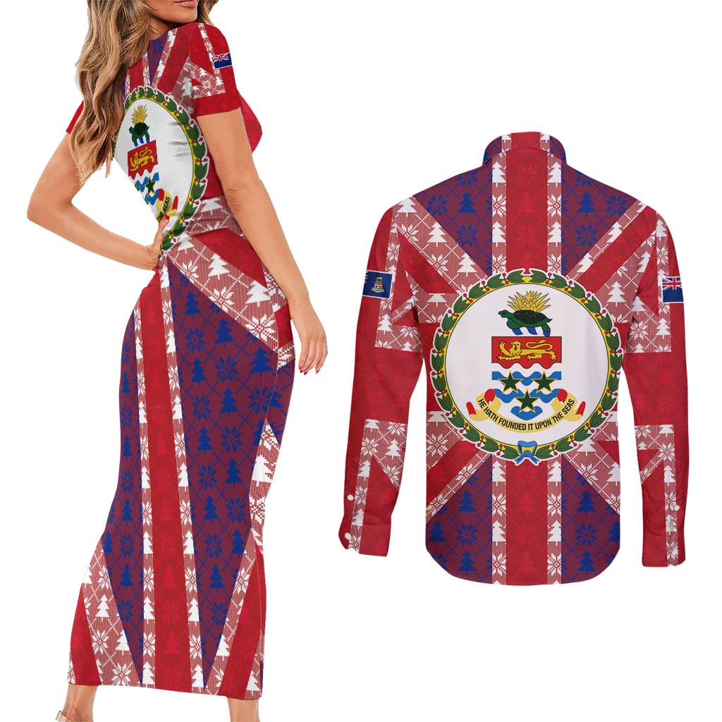 Cayman Islands Christmas Couples Matching Short Sleeve Bodycon Dress and Long Sleeve Button Shirt Xmas Pattern and Coat of Arms - Wonder Print Shop